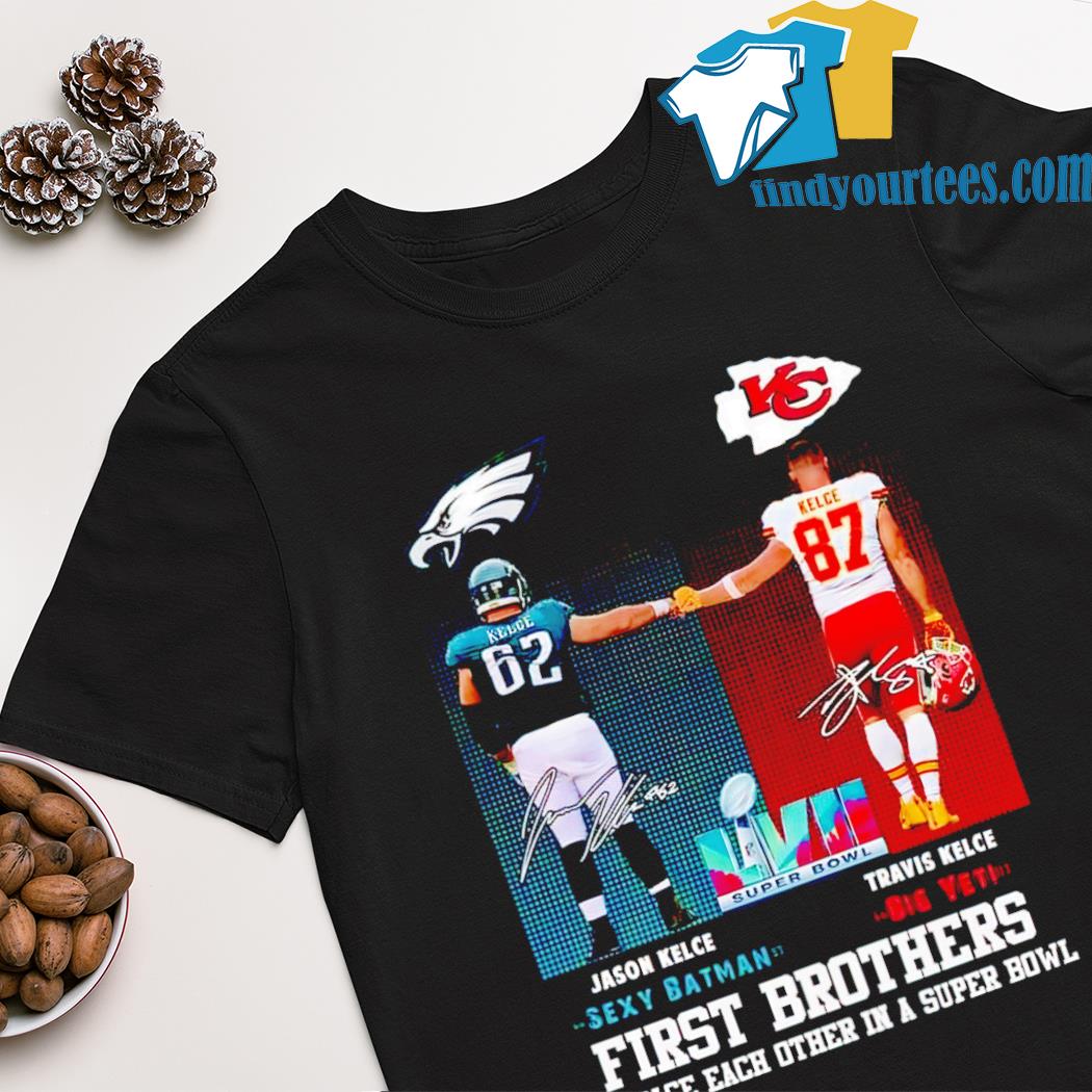Jason Kelce Sexy Batman vs Travis Kelce Big Yeti first brothers to face each other in a super bowl signatures shirt